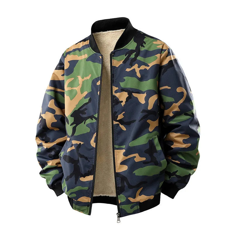 Men's fleece-lined thickened casual camouflage jacket in army green, loose fit, polyester blend