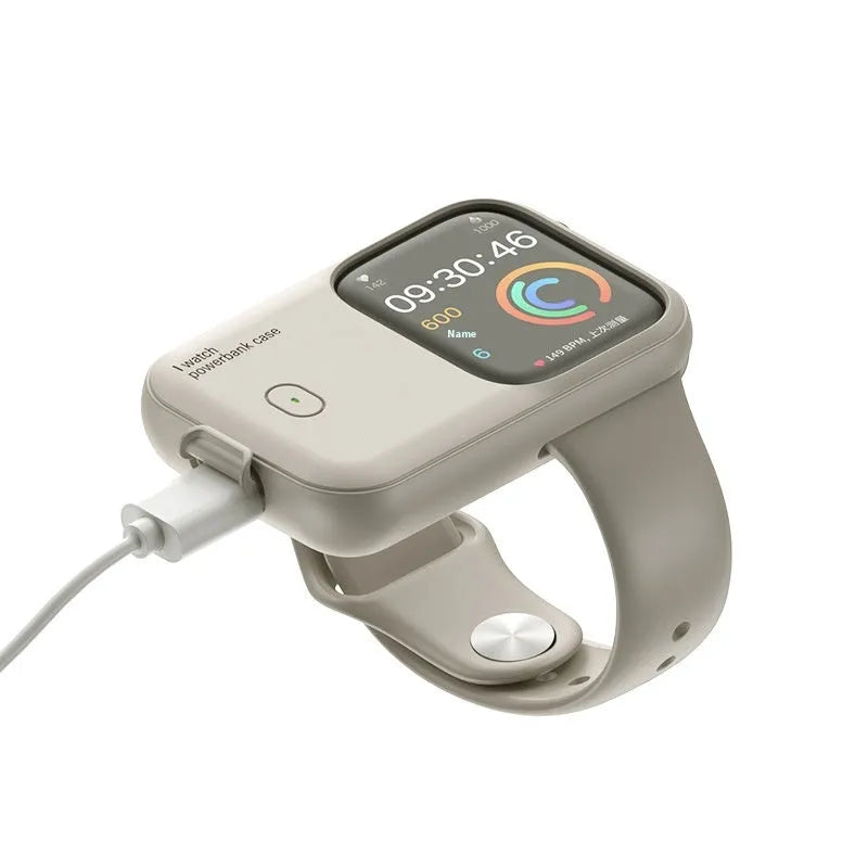 Apple Watch portable wireless charging power bank case with silicone cover in brown, midnight blue, or starlight.