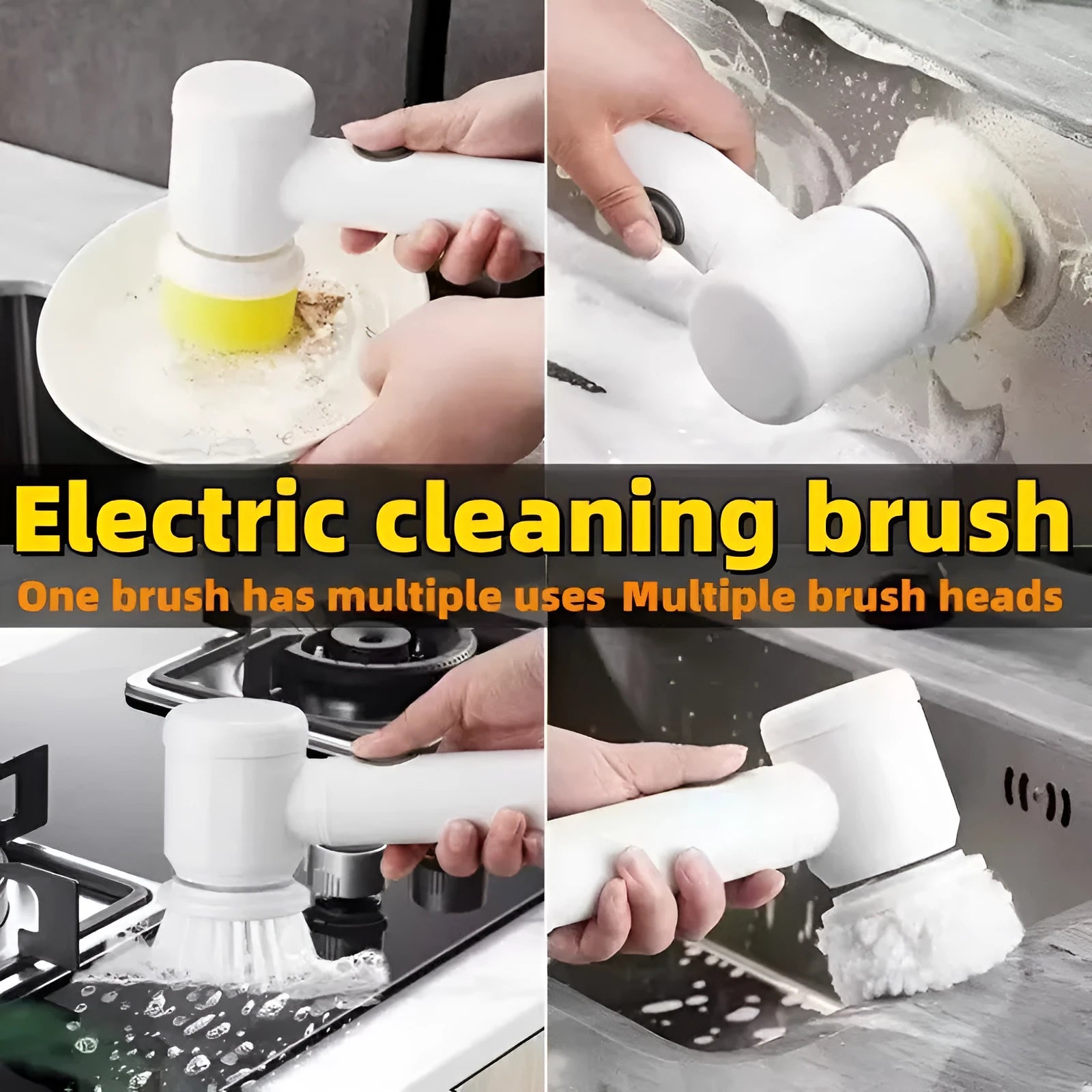 White electric cleaning brush with three interchangeable brush heads for household surfaces