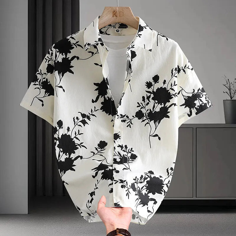 Men's short sleeve cotton shirt with colourful Hawaiian floral print, cardigan style.