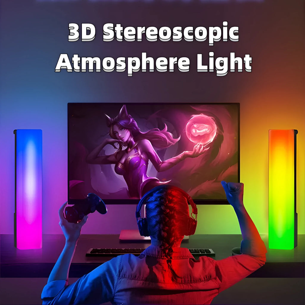 3D RGB voice-activated ambience lamp in black or white on a gaming desk.