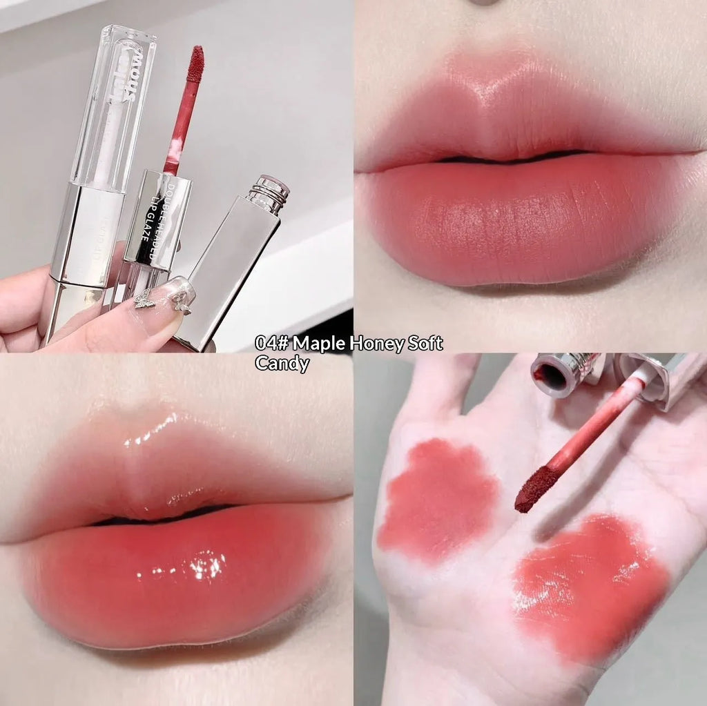 Double-ended dual-effect matte velvet lip gloss in five shades including Raspberry Sweet Peach and Candied Tomato