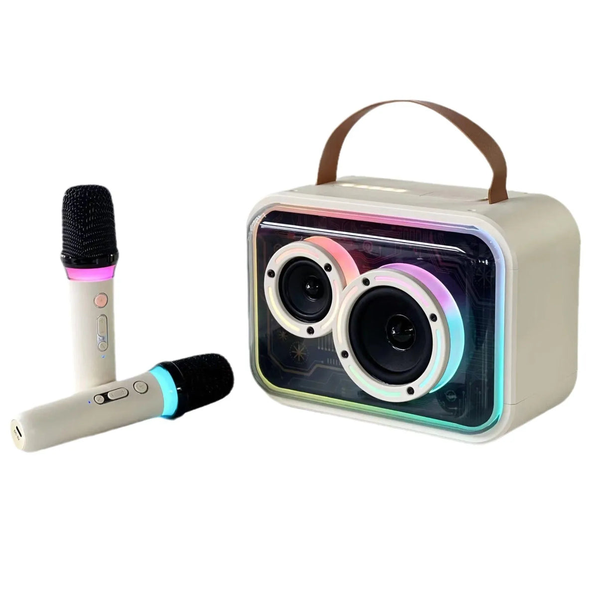 Portable Bluetooth karaoke speaker with RGB lighting in light yellow or black colour options