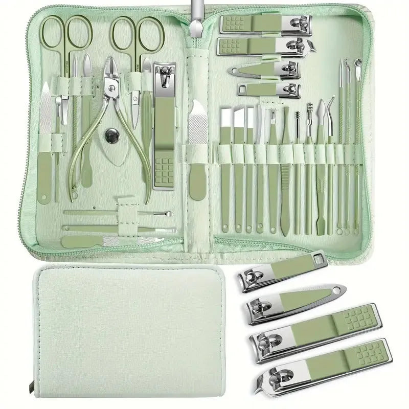 30-piece stainless steel nail tool set in selected colour showing multiple implements