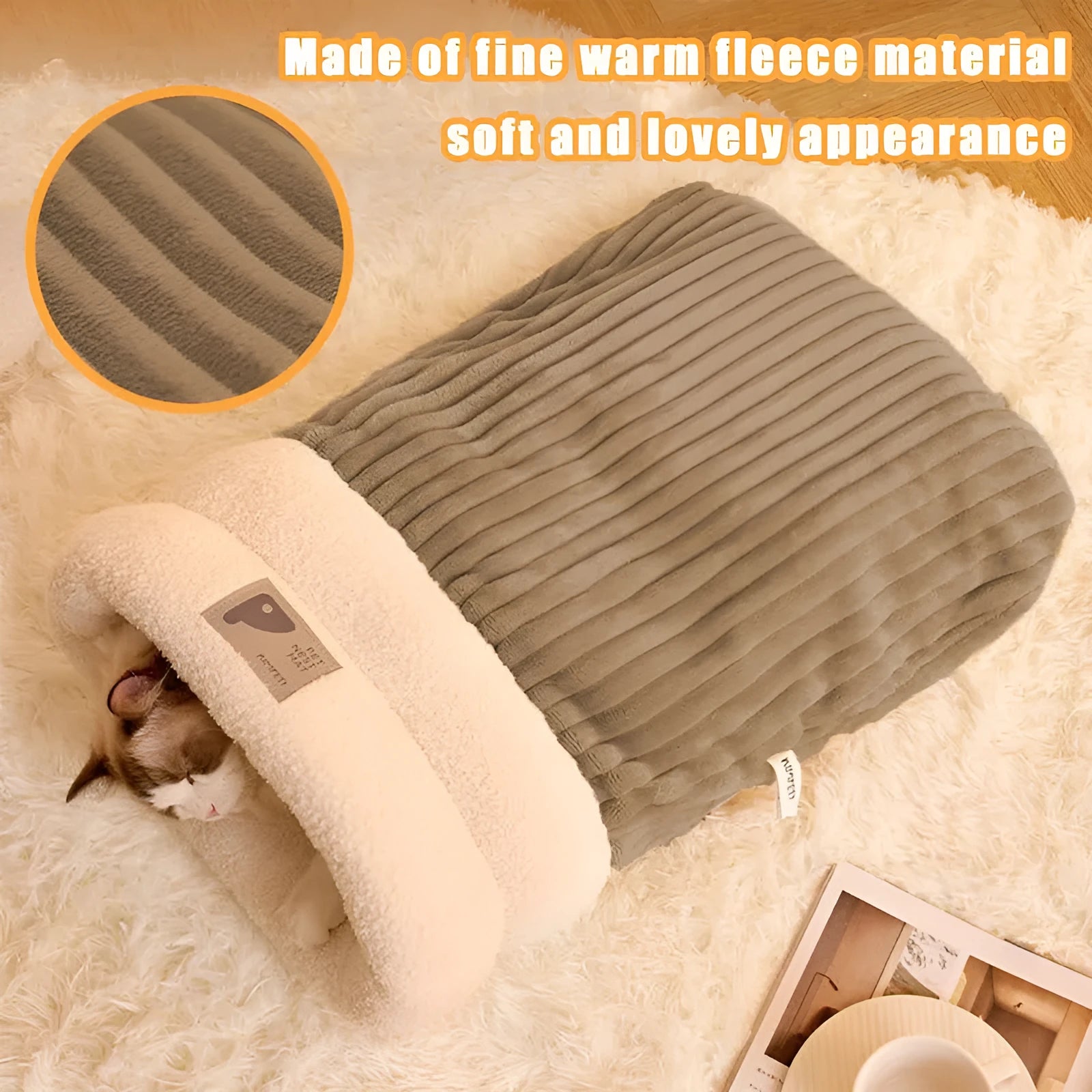 Brown semi-enclosed pet sleeping bag with lambswool insulation on wooden floor