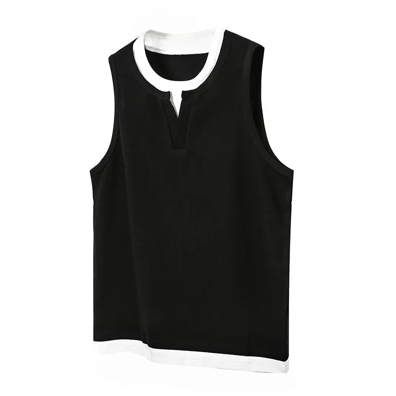 Loose cotton sports vest in black with straight hem, front view, summer fashion brand