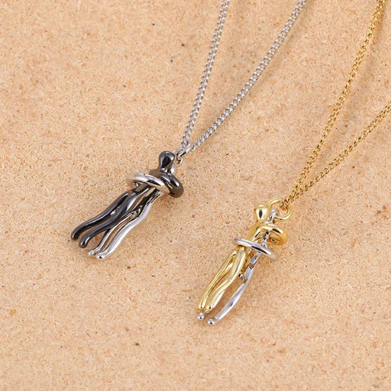 Affectionate Hug Necklace for couples, brass pendant with snake bone chain