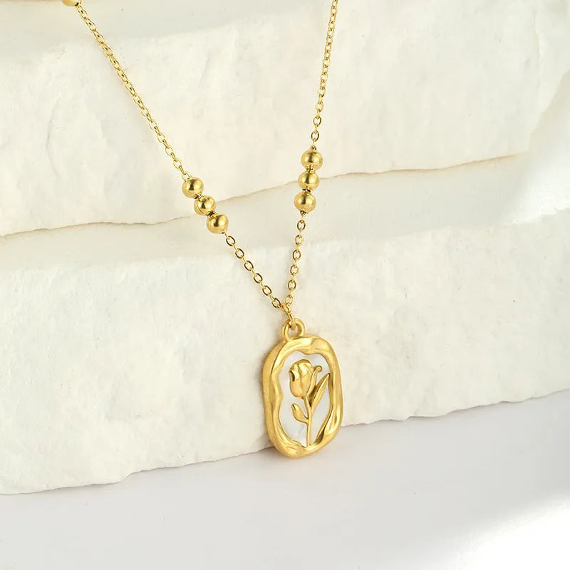 Simple rose white shell flower pendant necklace on regular chain for women, stainless steel with 18K electroplated finish