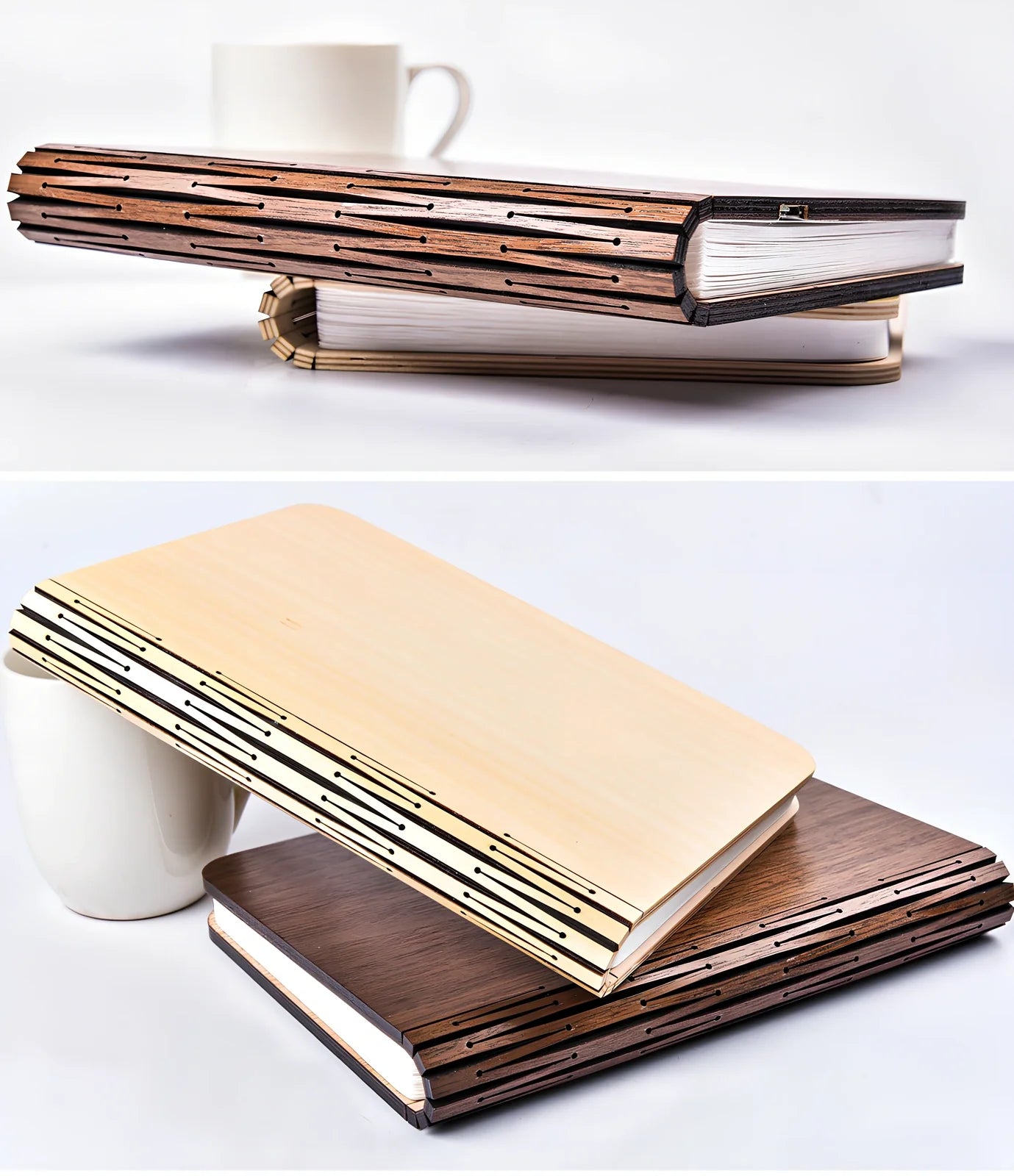 Wooden folding LED book light in walnut finish, open to 360 degrees showing warm white illumination on Tyvek pages, 21.5cm size