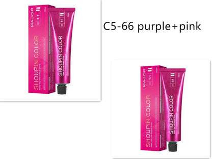 Ammonia-free hair dye 100ml tube with colour chart showing 40+ shades including WG75 cold brown and C5-66 purple