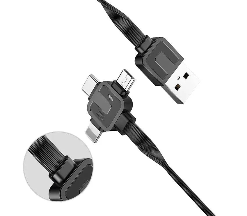 Telescopic three-in-one fast charging data cable shown extended to 1 metre length with three connector types visible