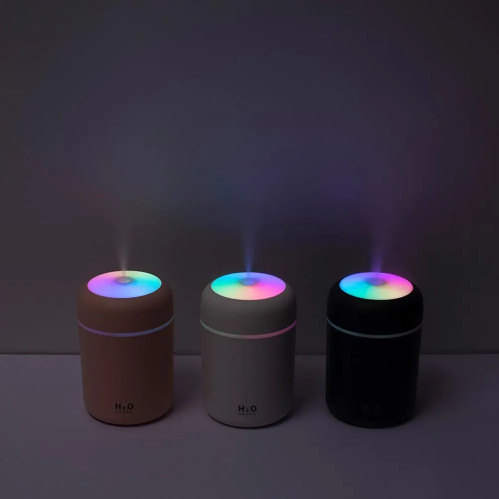 Pink USB desktop humidifier with colourful lights and 300ml water tank