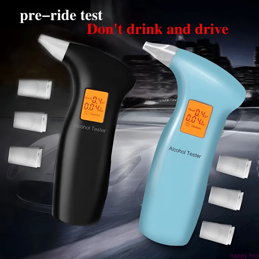 Portable orange light breath alcohol tester with replaceable mouthpieces in black or blue option.