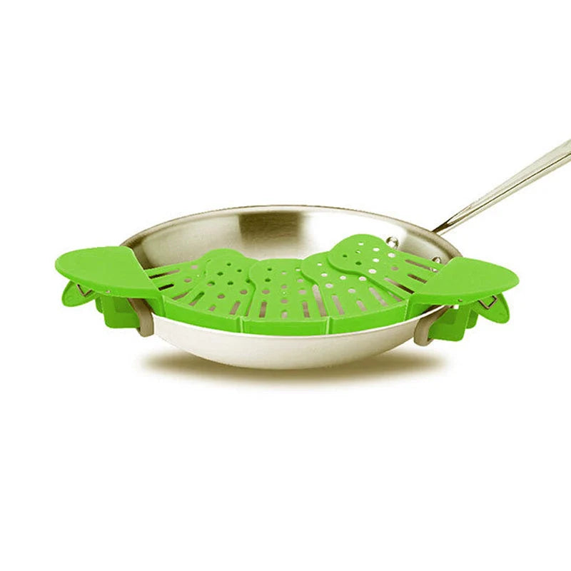 Universal Silicone Clip-on Pan Pot Strainer in purple and green, showcasing its compact design and secure clips