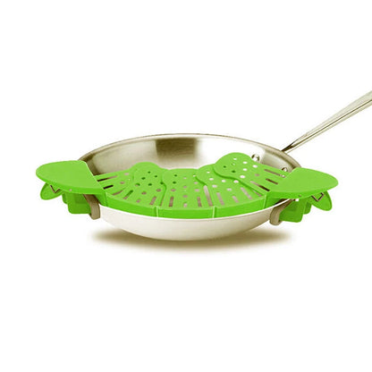 Universal Silicone Clip-on Pan Pot Strainer in purple and green, showcasing its compact design and secure clips