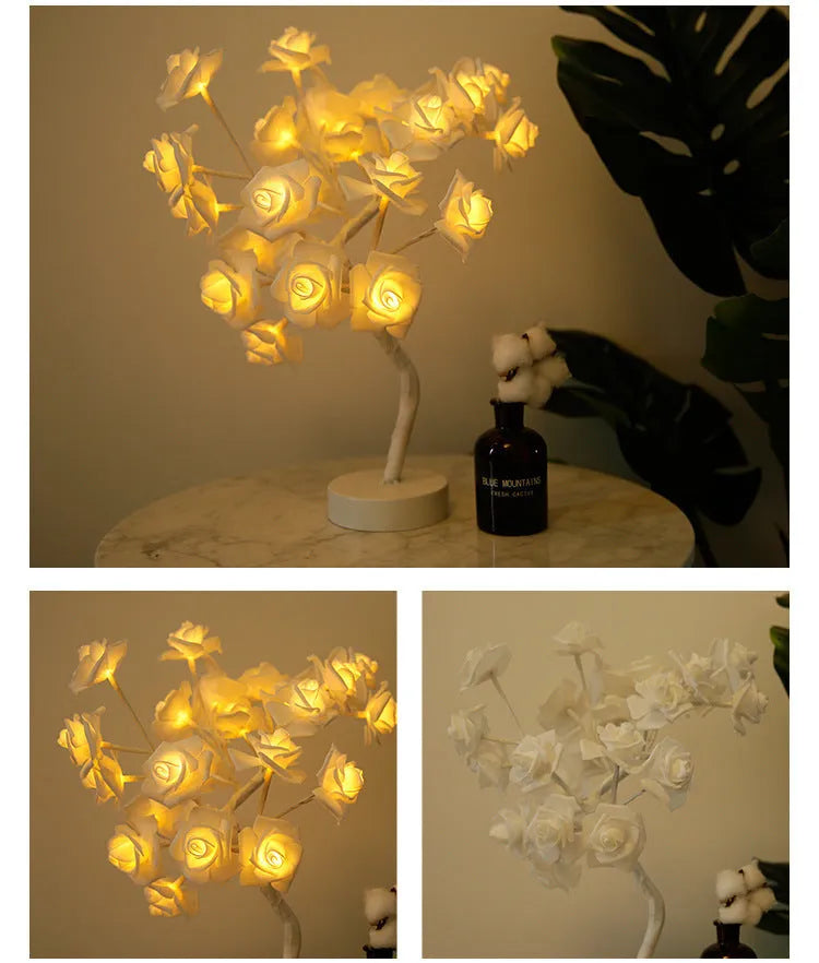 White and red rose flower LED table lamp with warm white lights on wooden surface