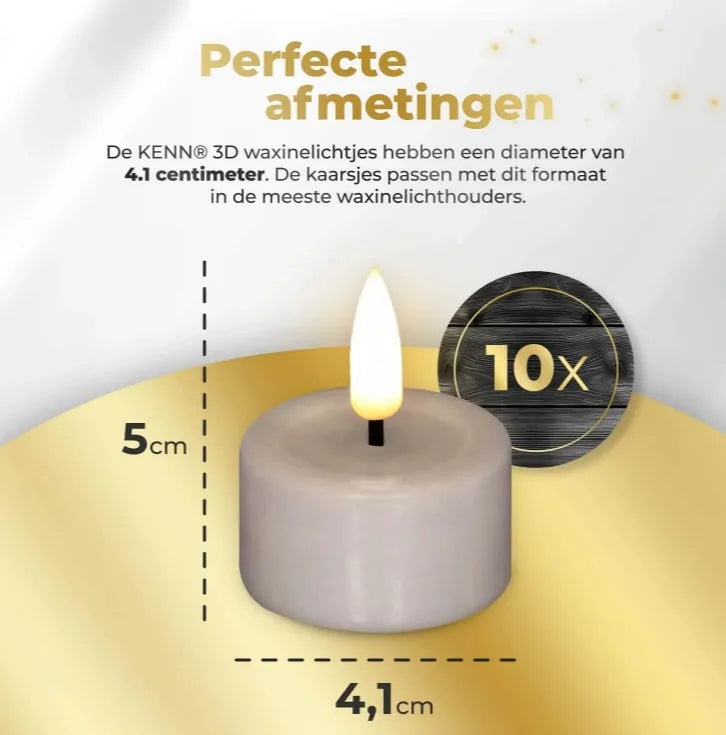 Taupe coloured S10 LED tealight candle with a realistic 3D flame effect, shown next to a ruler indicating its 4.1 cm by 5 cm size.