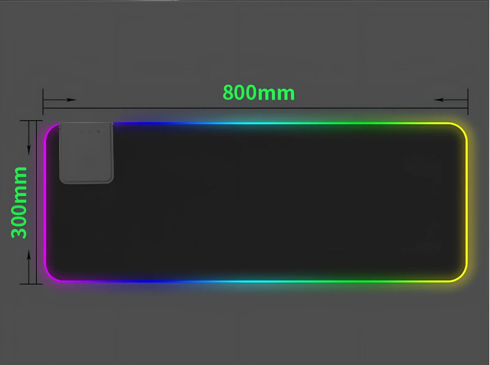 800x300x4mm black gaming mouse pad with four-sided LED lights in blue mode, rubber base, superfine fiber surface for precise mouse tracking