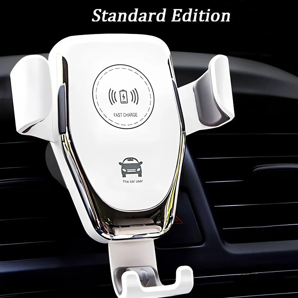 Black 18W Qi wireless car charger with auto gravity arms clamping iPhone on vent mount