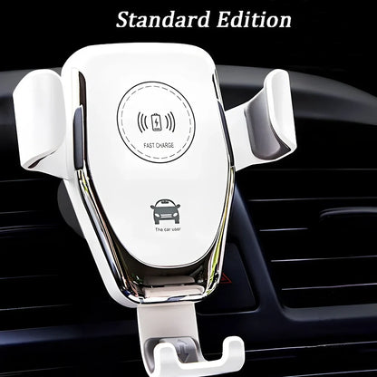 Black 18W Qi wireless car charger with auto gravity arms clamping iPhone on vent mount