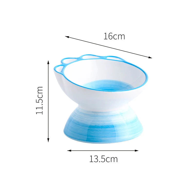 Ceramic pet bowl with cartoon paw design and 15-degree incline for comfortable feeding