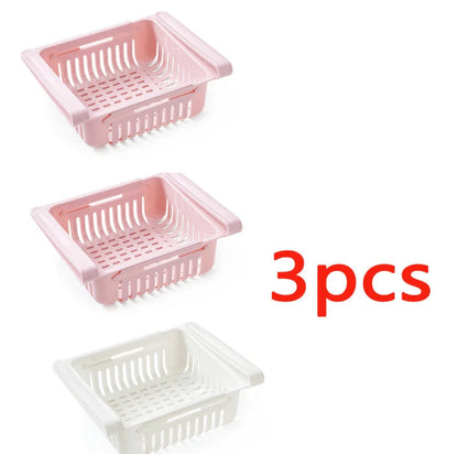 Stretchable refrigerator storage basket in white, blue, pink, and apricot colours