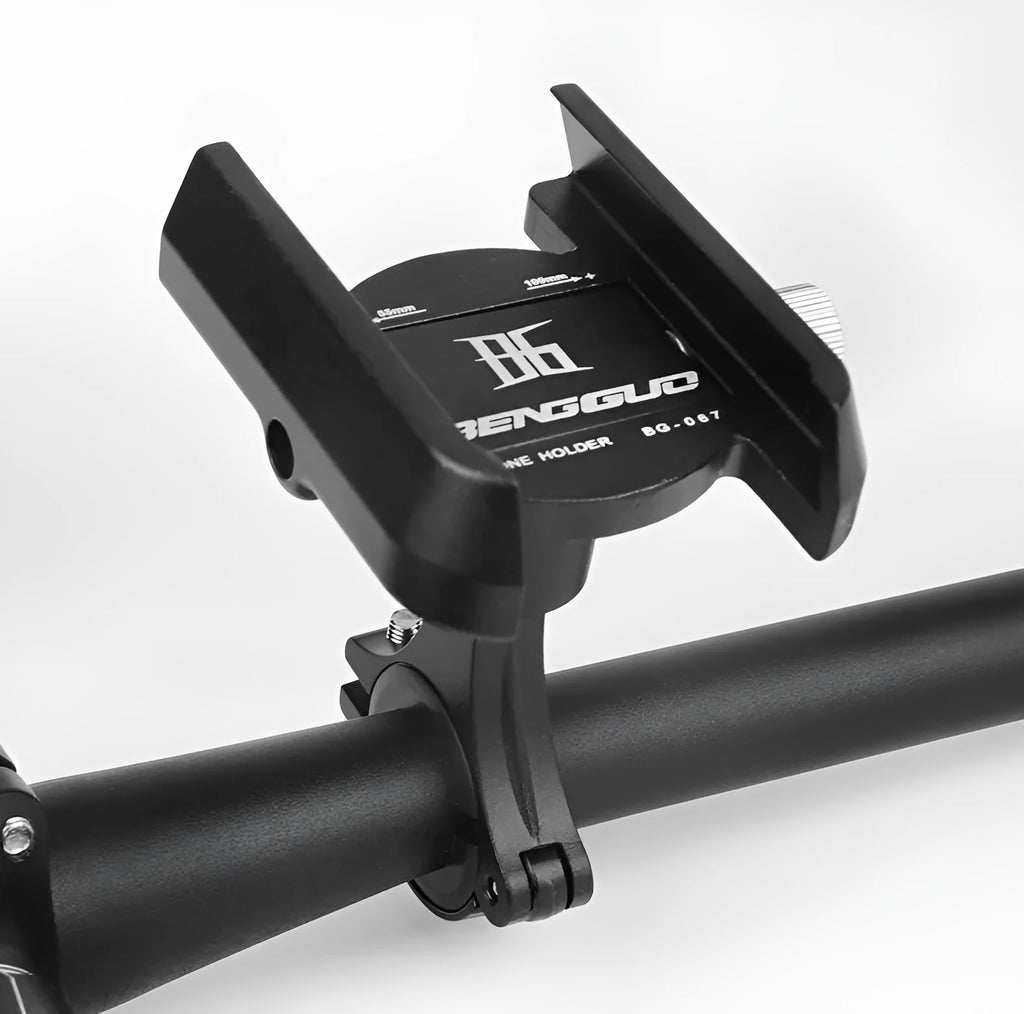 Aluminium alloy bicycle phone holder mounted on handlebars with mobile phone secured