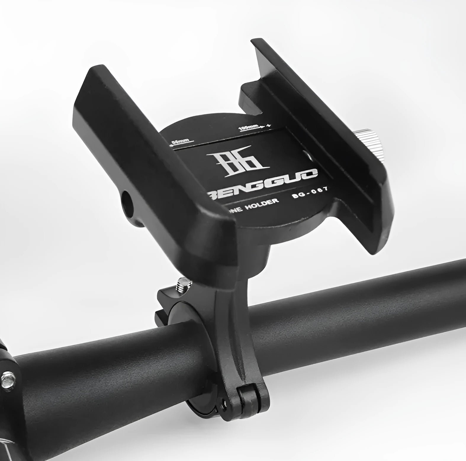 Aluminium alloy bicycle phone holder mounted on handlebars with mobile phone secured