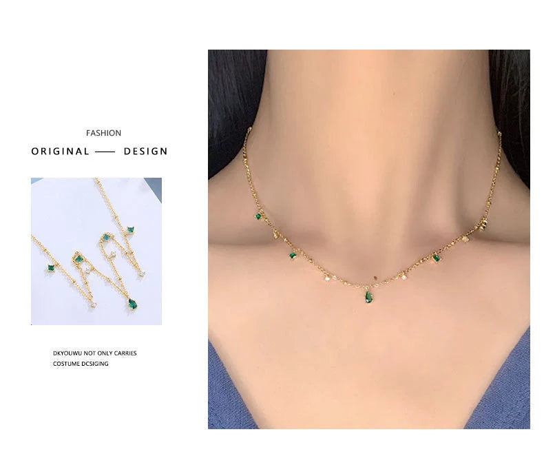Generous water drop emerald zircon necklace with sterling silver chain, Korean style jewelry