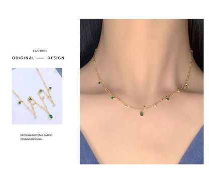 Generous water drop emerald zircon necklace with sterling silver chain, Korean style jewelry