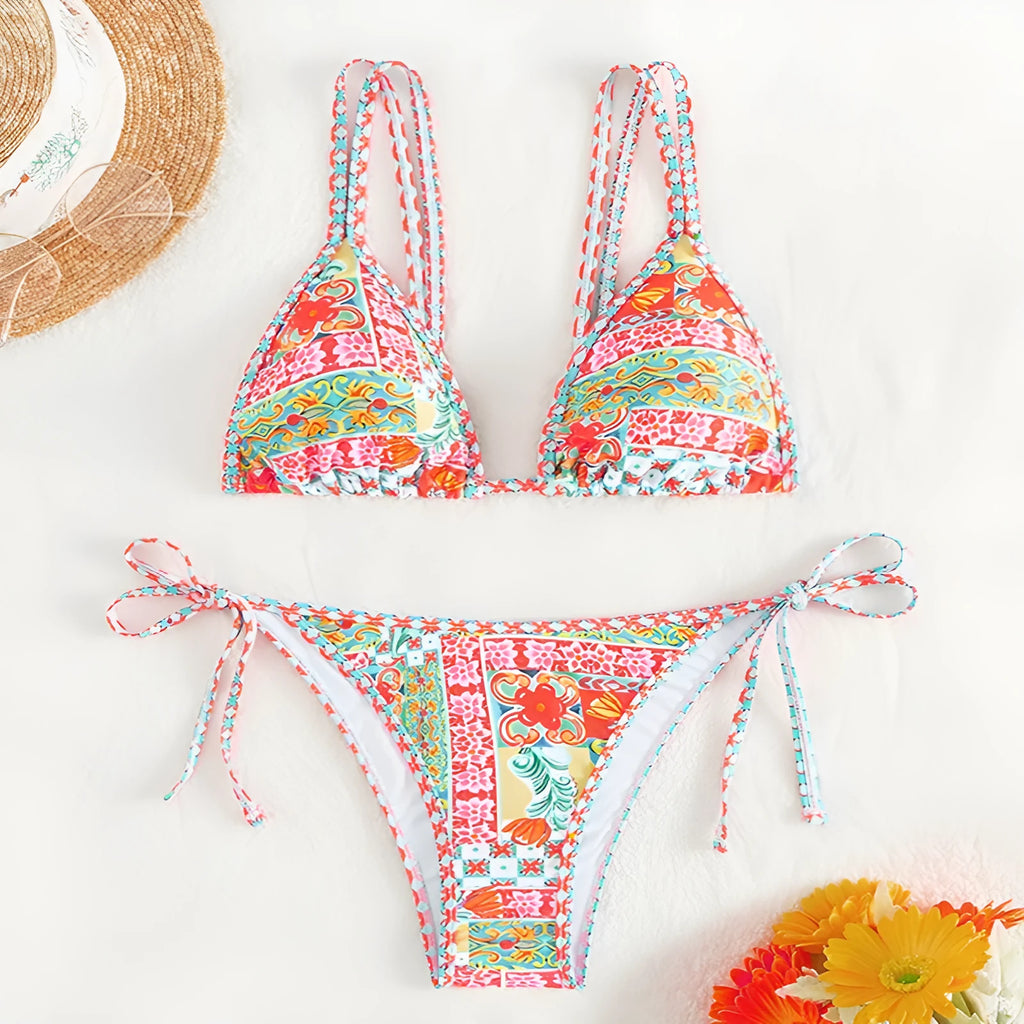 Women's lace-up front, backless swimsuit bikini set in the pictured colour.