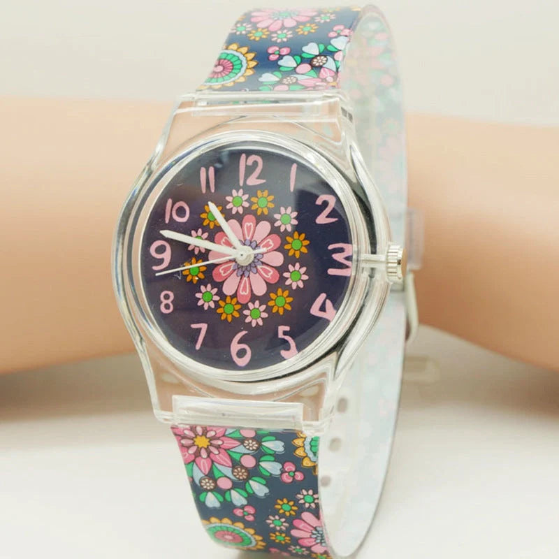 Floral quartz watch for children with Korean style and PVC strap