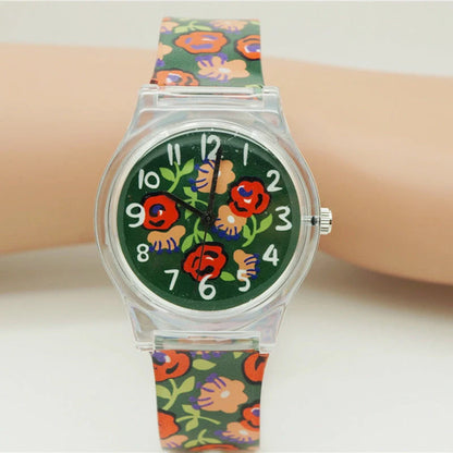 Floral quartz watch for children with Korean style and PVC strap