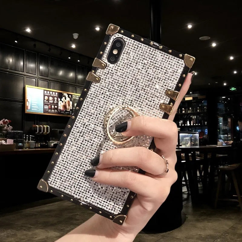 Square TPU mobile phone case with a flash diamond bracket design in silver colour