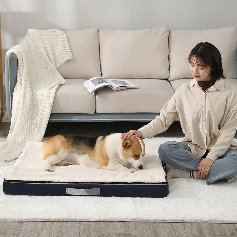 Brown removable washable memory sponge dog mat measuring 100x75x10cm on a wooden floor.