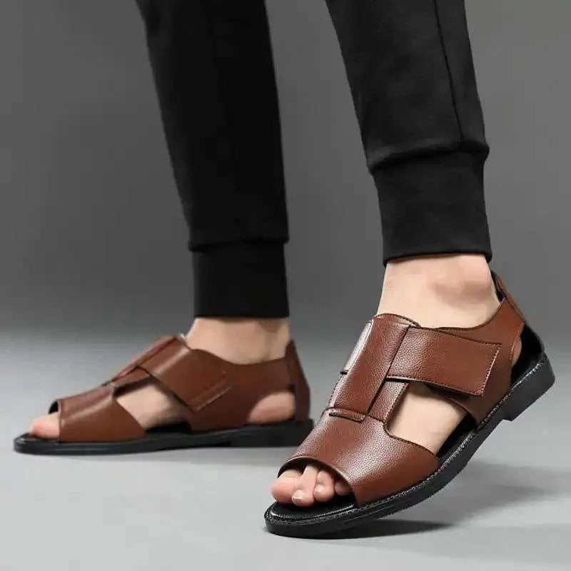 Men's black and brown casual leather sandals with open-toe design and rubber soles
