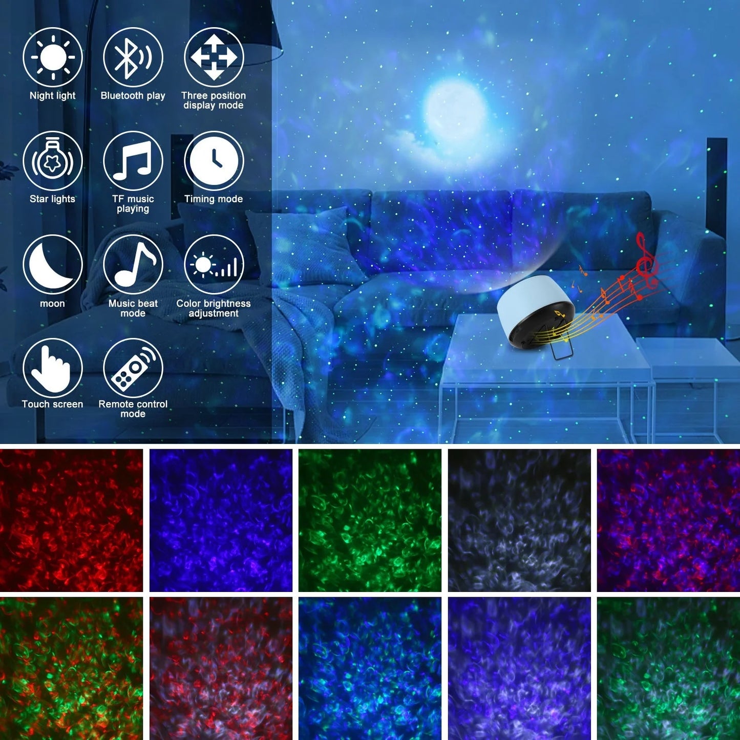 Starry Sky Water Pattern Projection Light with Bluetooth music playback and vibrant LED projections