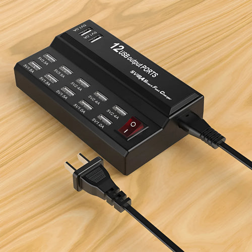 12 port USB fast charger YCYD-A19 with ABS PC fireproof housing, 13.5 x 8.5 x 3.5 cm, white, showing front panel with USB ports