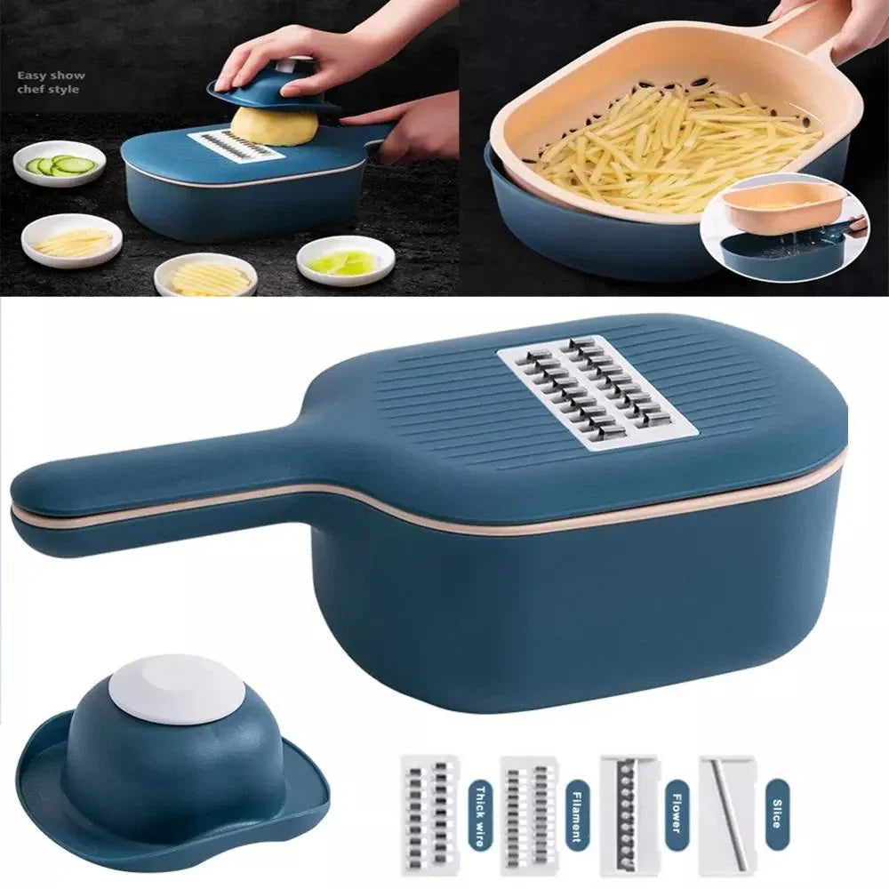 Multi-functional vegetable cutter with four blade designs for efficient kitchen tasks