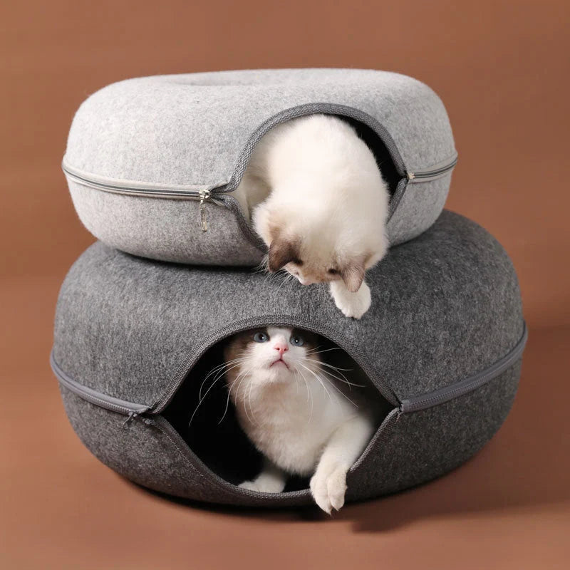Round woolen felt cat nest with tunnel for interactive play, available in multiple colors and sizes