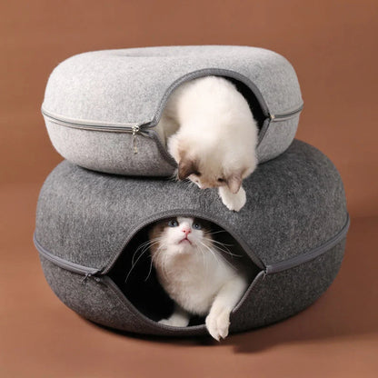 Round woolen felt cat nest with tunnel for interactive play, available in multiple colors and sizes