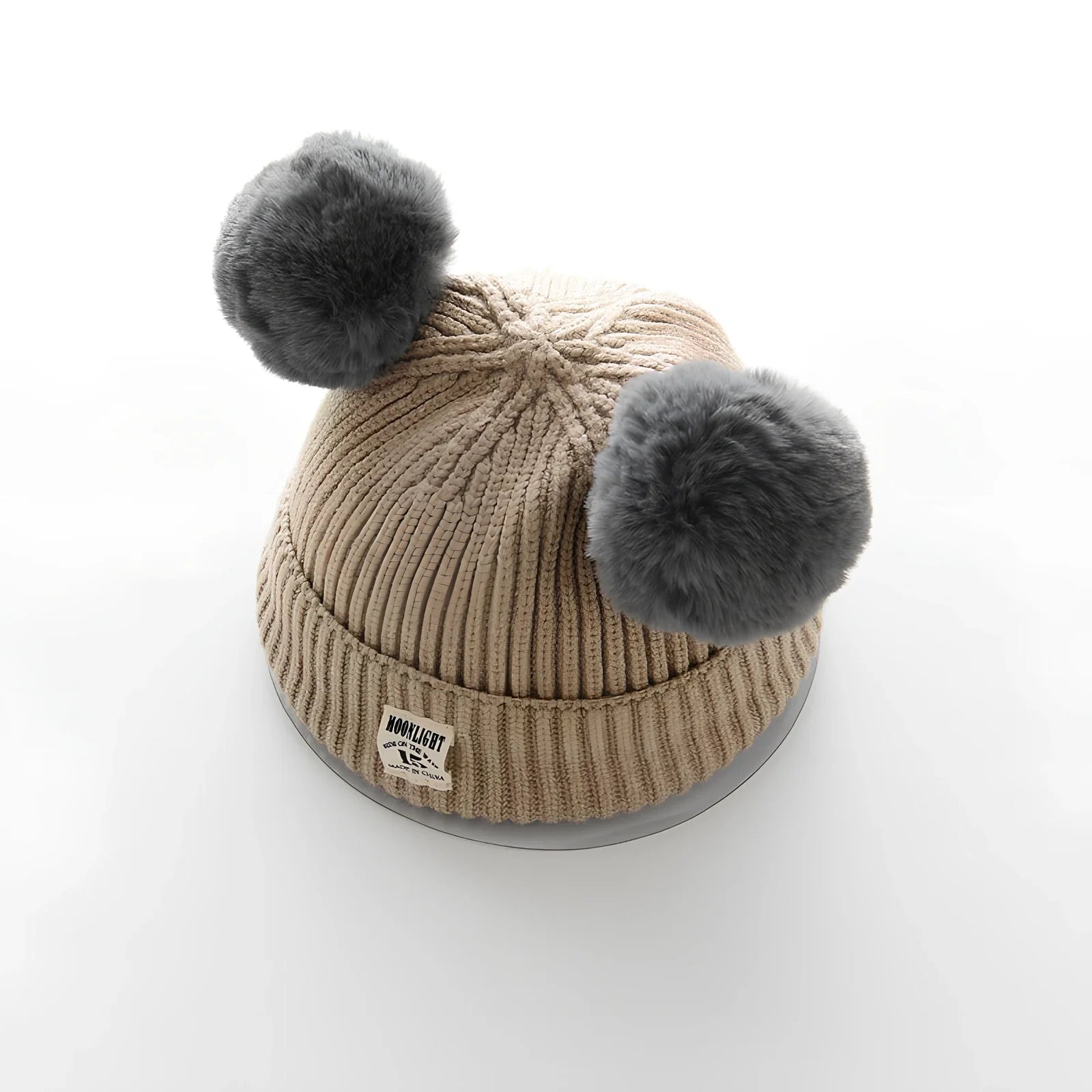 Crocheted baby wool cap in beige with soft 5 cm plush ball, high top style for 6 months-3 years winter warmth, flanged edge for secure fit