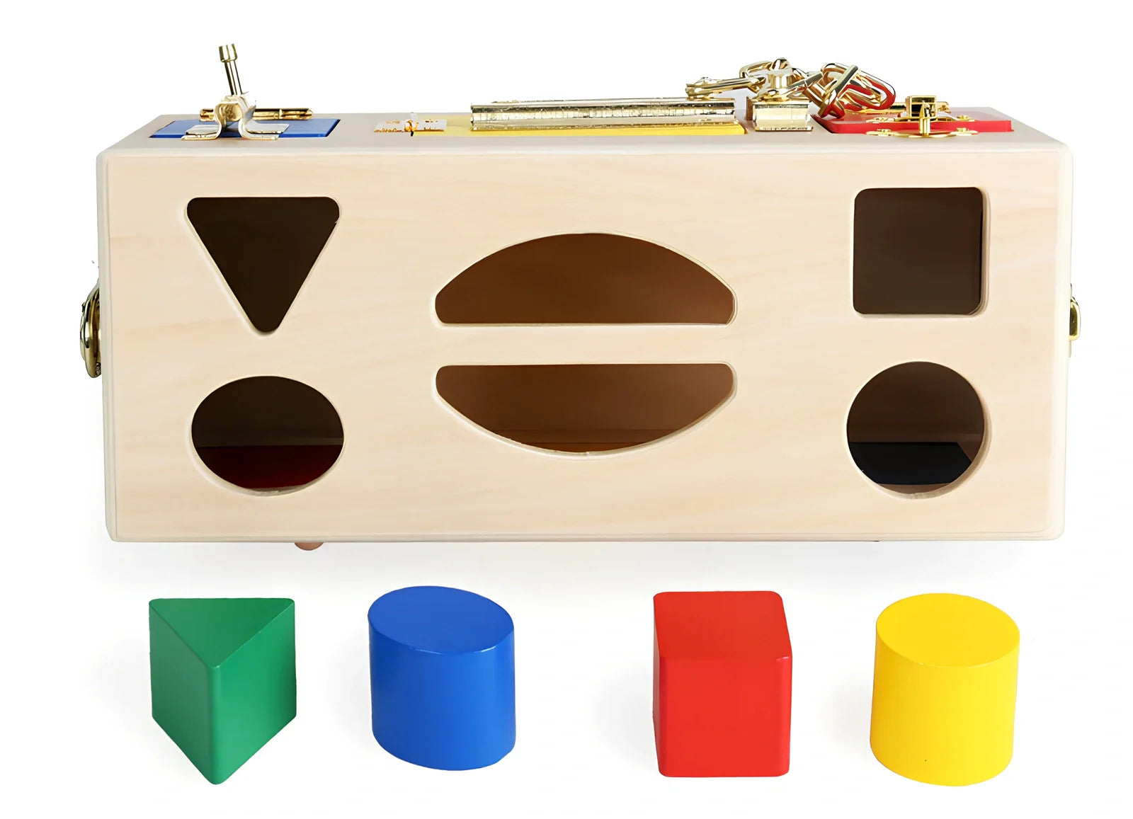 Wooden educational shape sorting box with 12 geometric pieces for preschool children