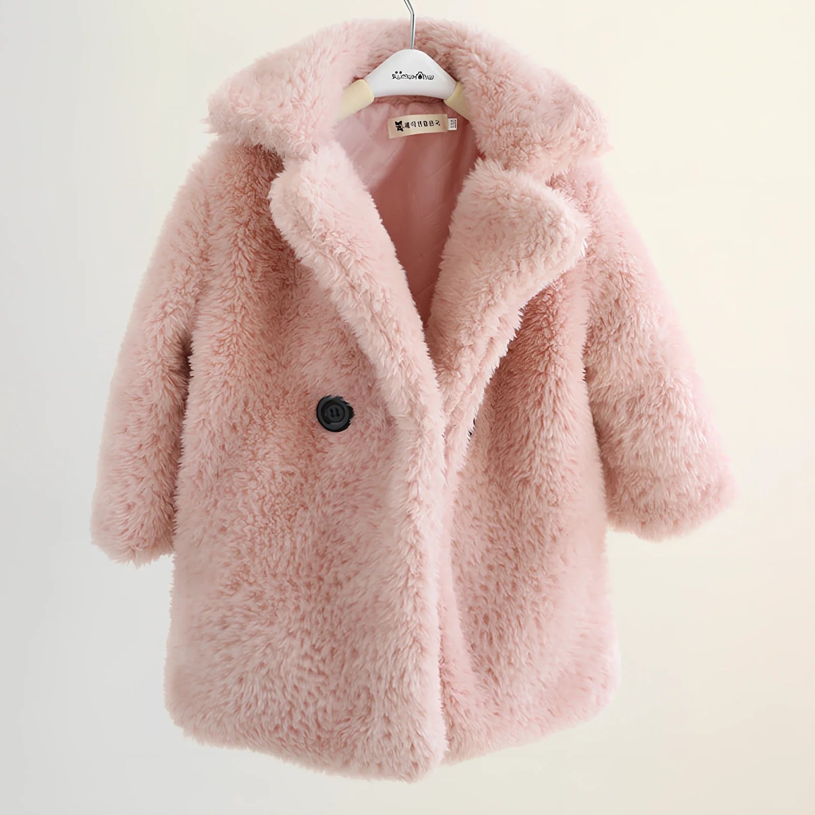 Children's cashmere fur coat in beige colour with suit collar and long sleeves for winter wear
