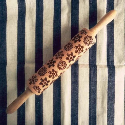 Wooden Christmas embossing rolling pin with non-stick surface for festive baking
