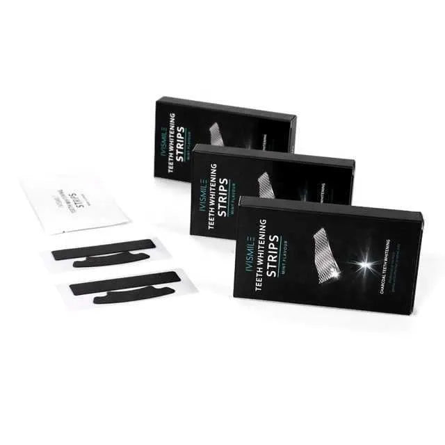 Teeth whitening strips in aluminium film packet with coconut activated carbon and sodium bicarbonate