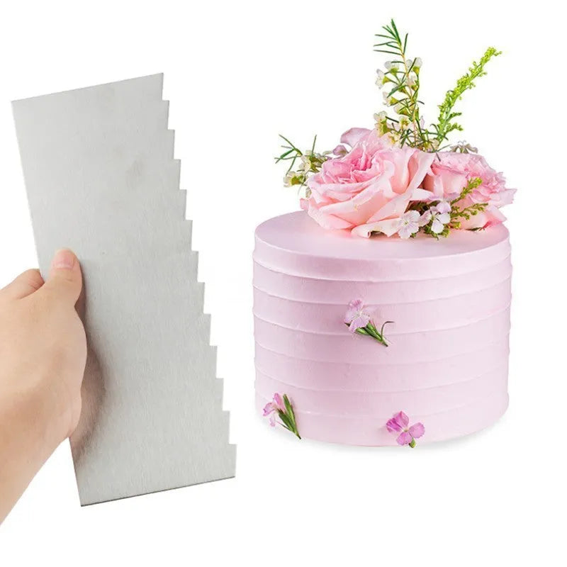 Stainless steel cream scraper with polygon cake patterns in six style variations