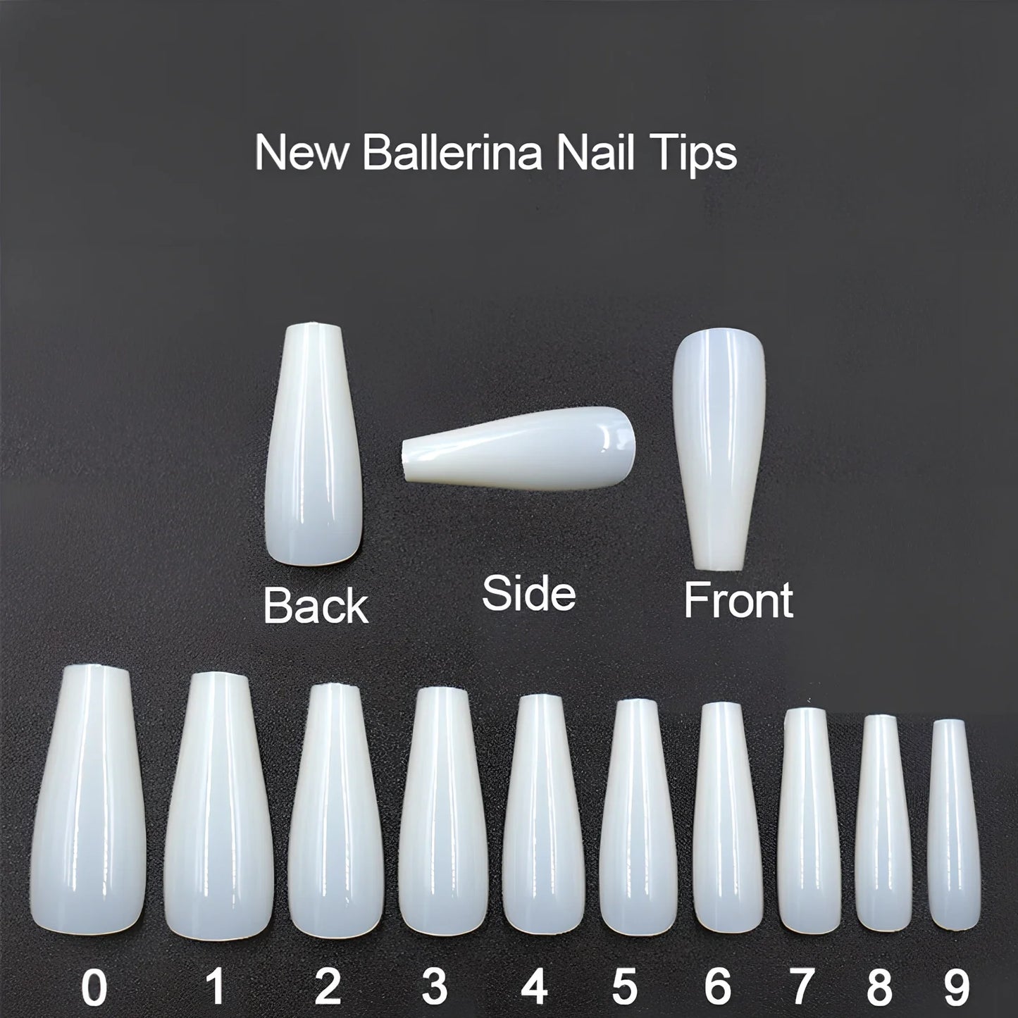 Pack of 500 clear and natural ballet shaped false nails in 10 sizes, ABS material for professional application