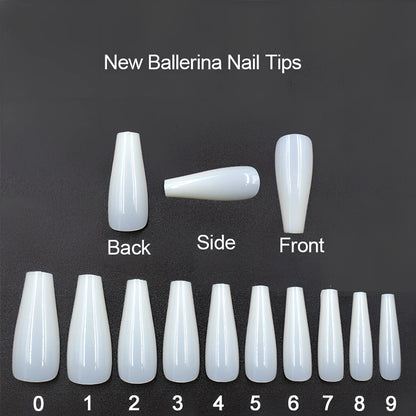 Pack of 500 clear and natural ballet shaped false nails in 10 sizes, ABS material for professional application