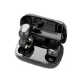 A Black TWS Bluetooth headset with earbuds and charging case on a white background.